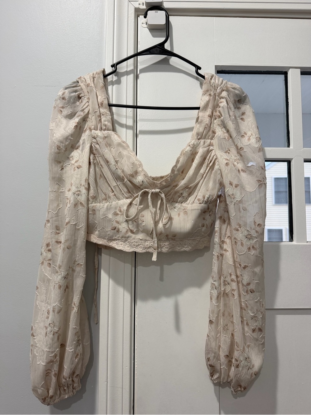 Altar'd State Cream Floral Lace-Trim Tie-Front Puff Sleeve Crop Top